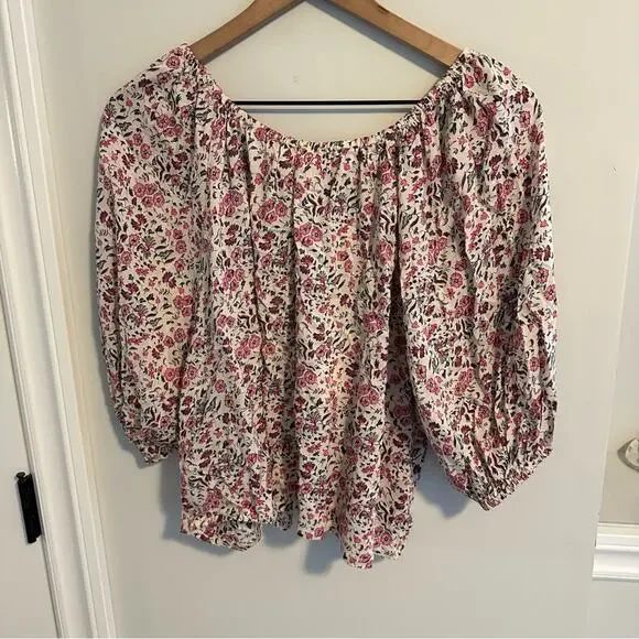 NWT Natalie Martin White Pink Floral Short Sleeve Blouse Top XS Oversized